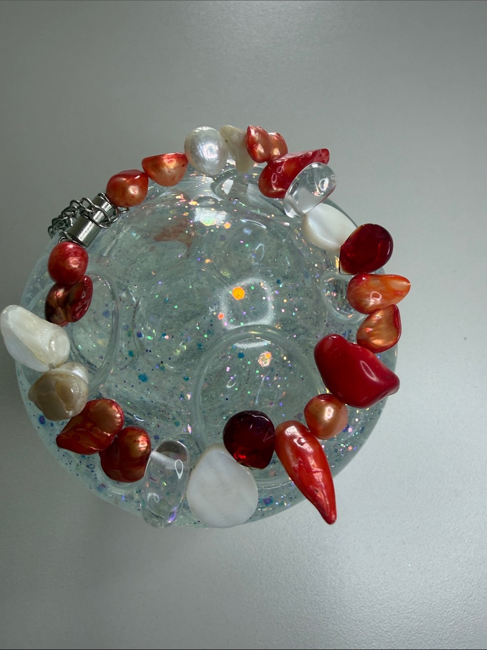 Handcrafted Red and White Freshwater Pearl Beaded Bracelet